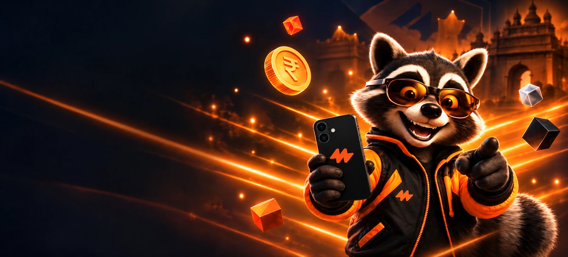 Maanwin raccoon mascot holding a black dual-camera phone